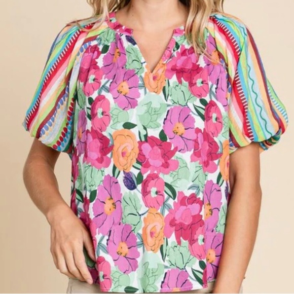 JODIFL Tops - JODIFL Vibrant Floral and Stripe Blouse
